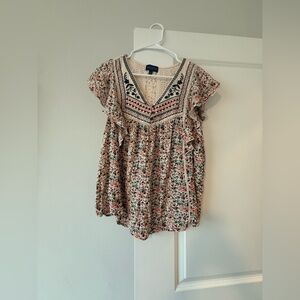 Ariella Cream Floral V-Neck Ruffled Sleeve Tunic